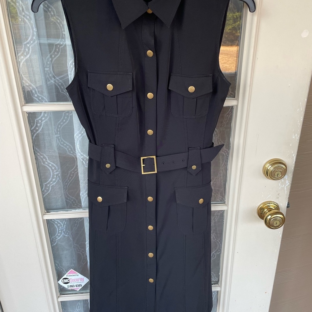 Calvin Klein Size 10 Black Belted Dress 🖤✨ Gold Hardware Chic shirtwaist